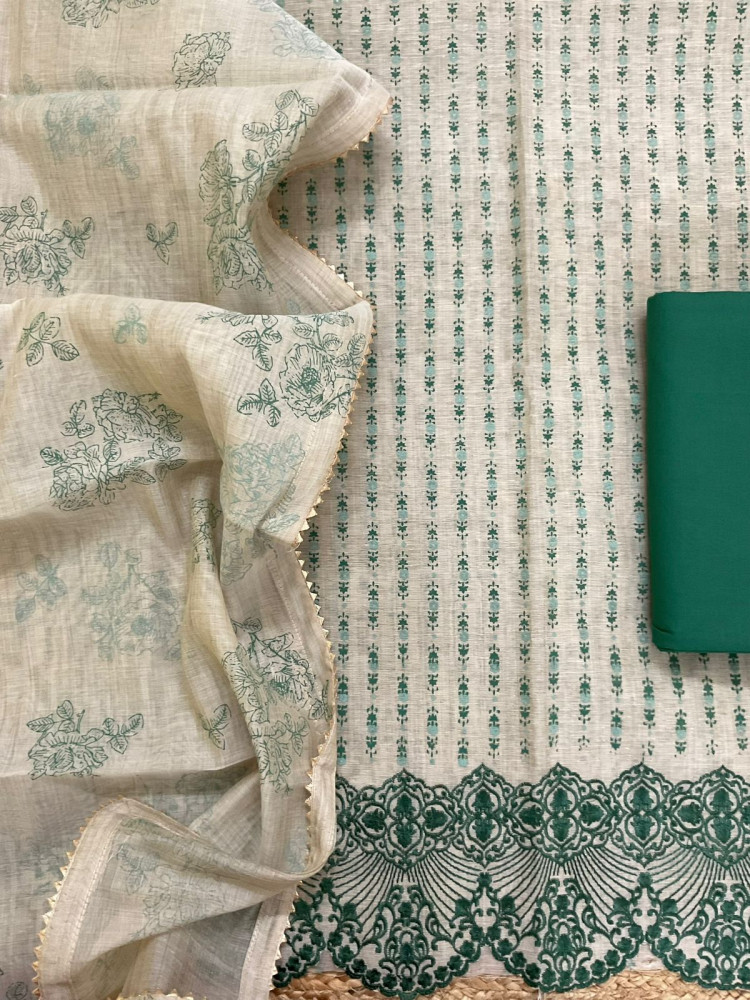 Image of Pure Slub Chanderi Printed Embroidered Suit - Beige