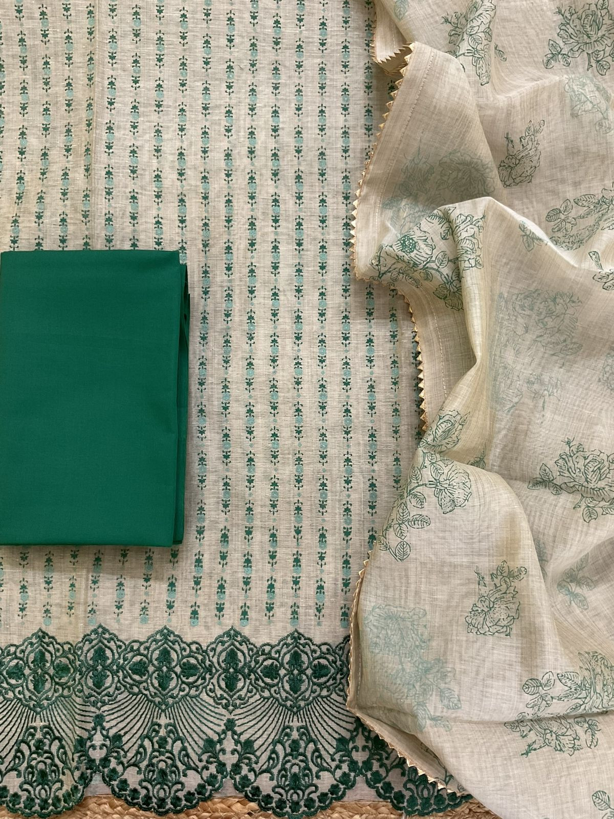 Pure Slub Chanderi Printed Embroidered Suit - Beige