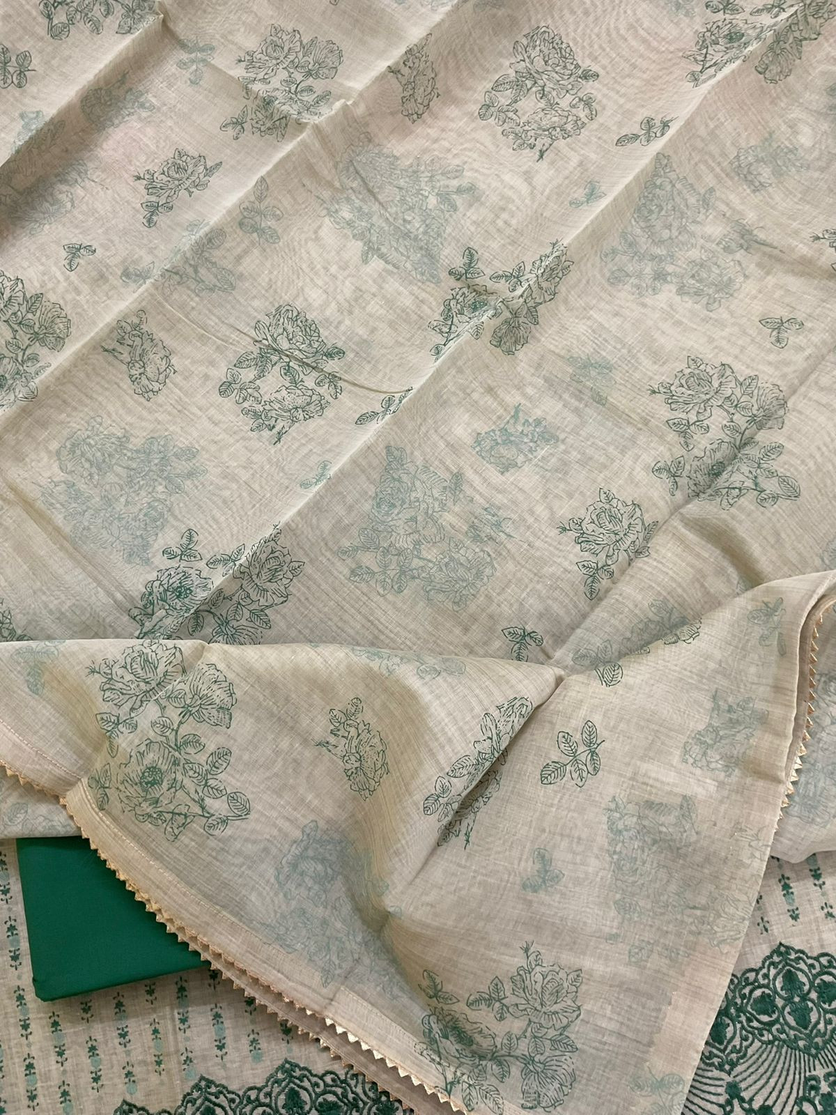 Pure Slub Chanderi Printed Embroidered Suit - Beige