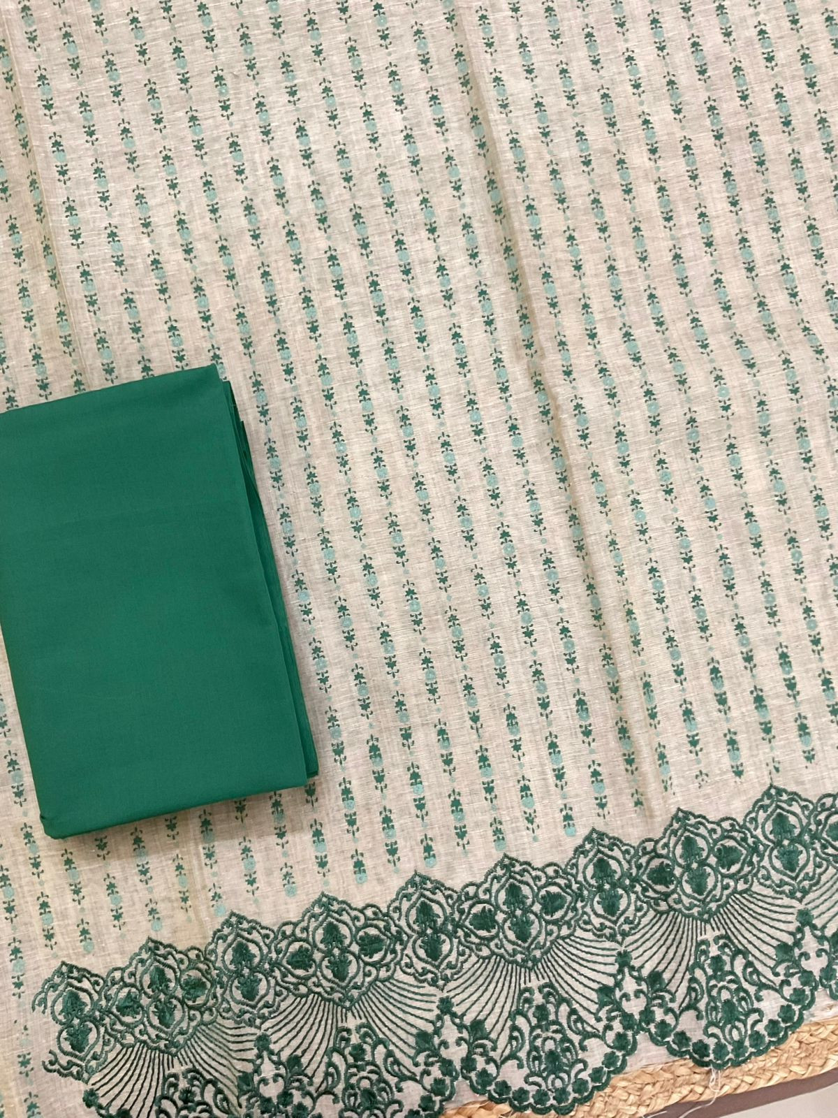 Pure Slub Chanderi Printed Embroidered Suit - Beige