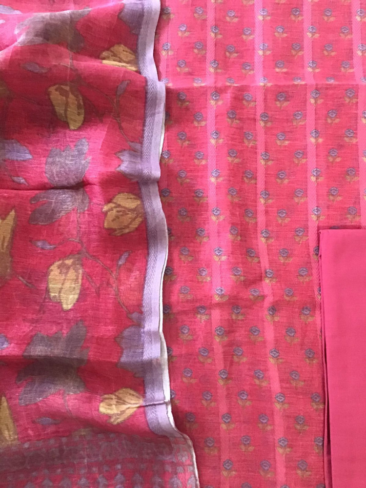 Image of Pure Tussar Silk Printed Self Weaved Suit - Pinkish Red
