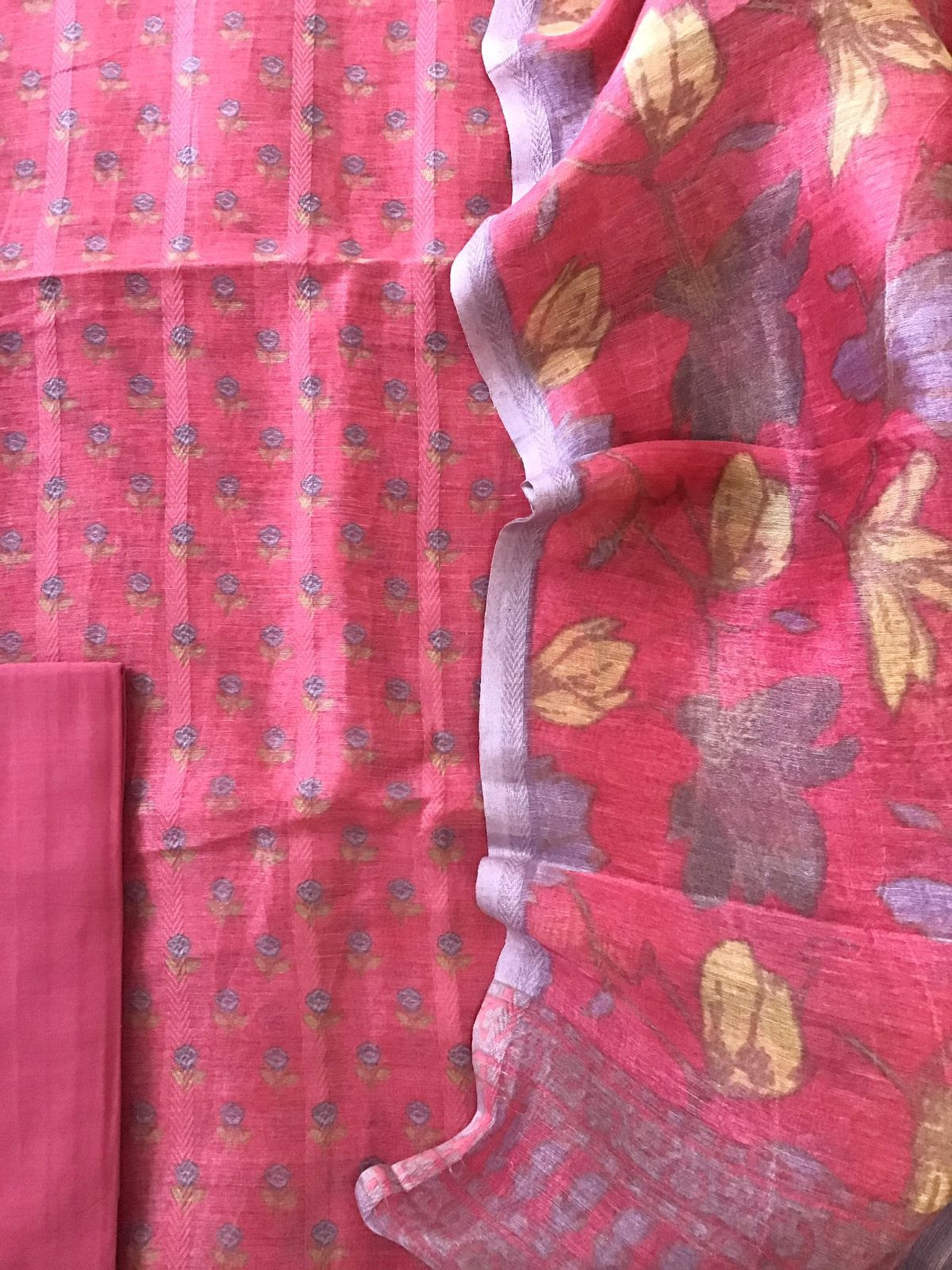 Pure Tussar Silk Printed Self Weaved Suit - Pinkish Red
