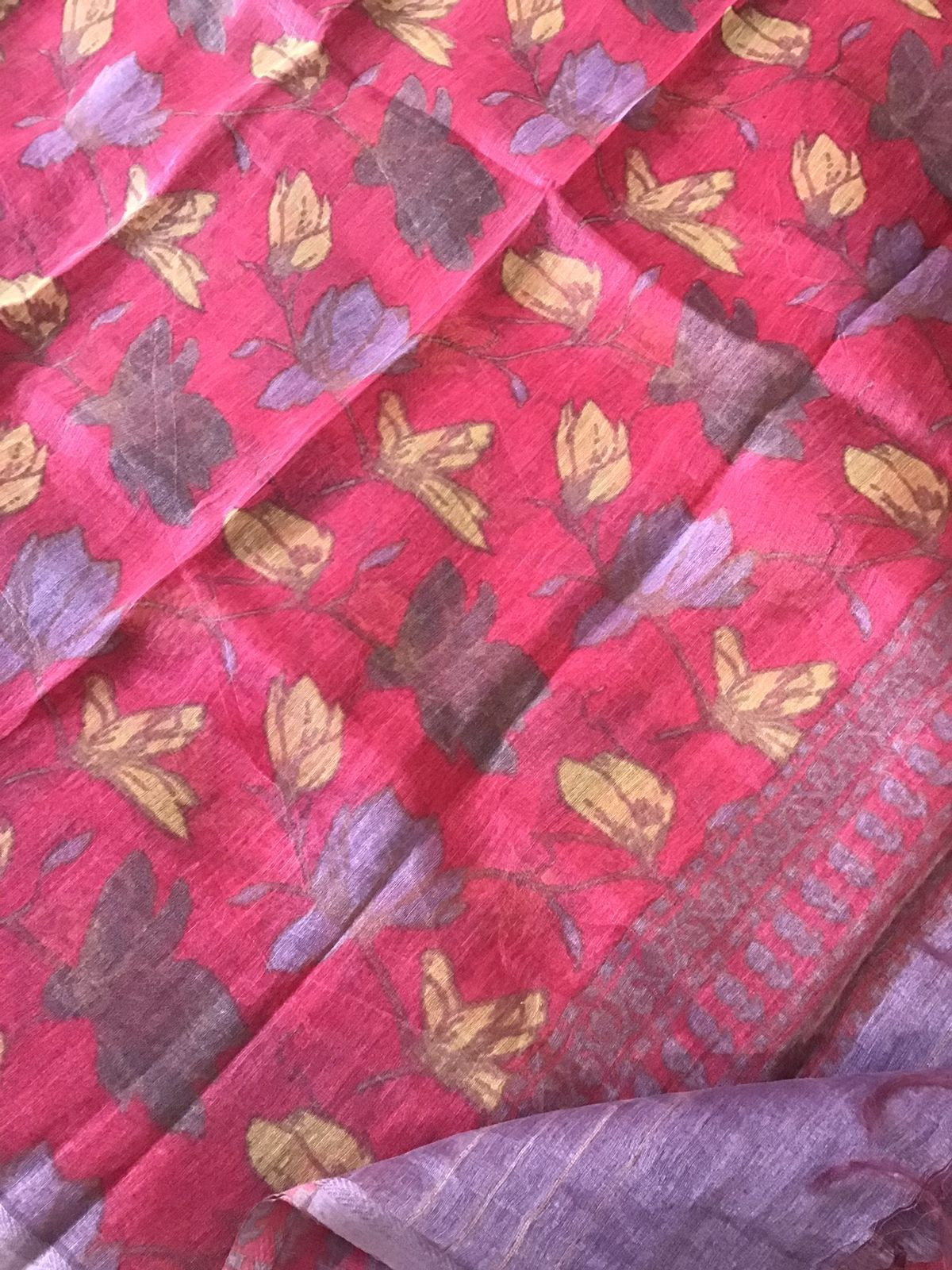 Pure Tussar Silk Printed Self Weaved Suit - Pinkish Red