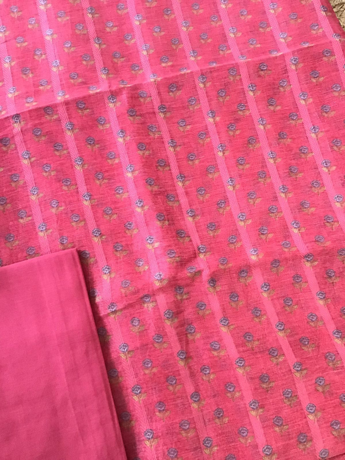 Pure Tussar Silk Printed Self Weaved Suit - Pinkish Red