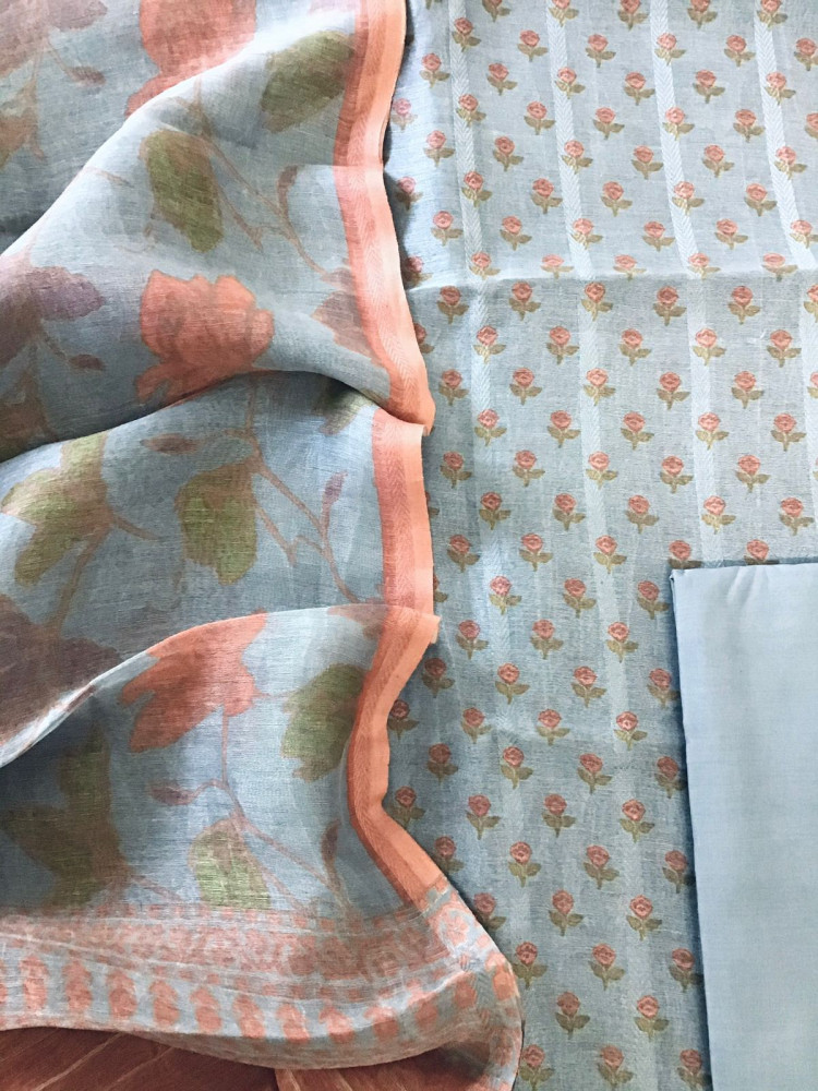 Image of Pure Tussar Silk Printed Self Weaved Suit - Grey