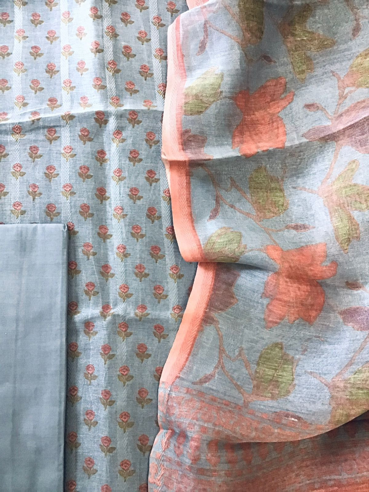 Pure Tussar Silk Printed Self Weaved Suit - Grey