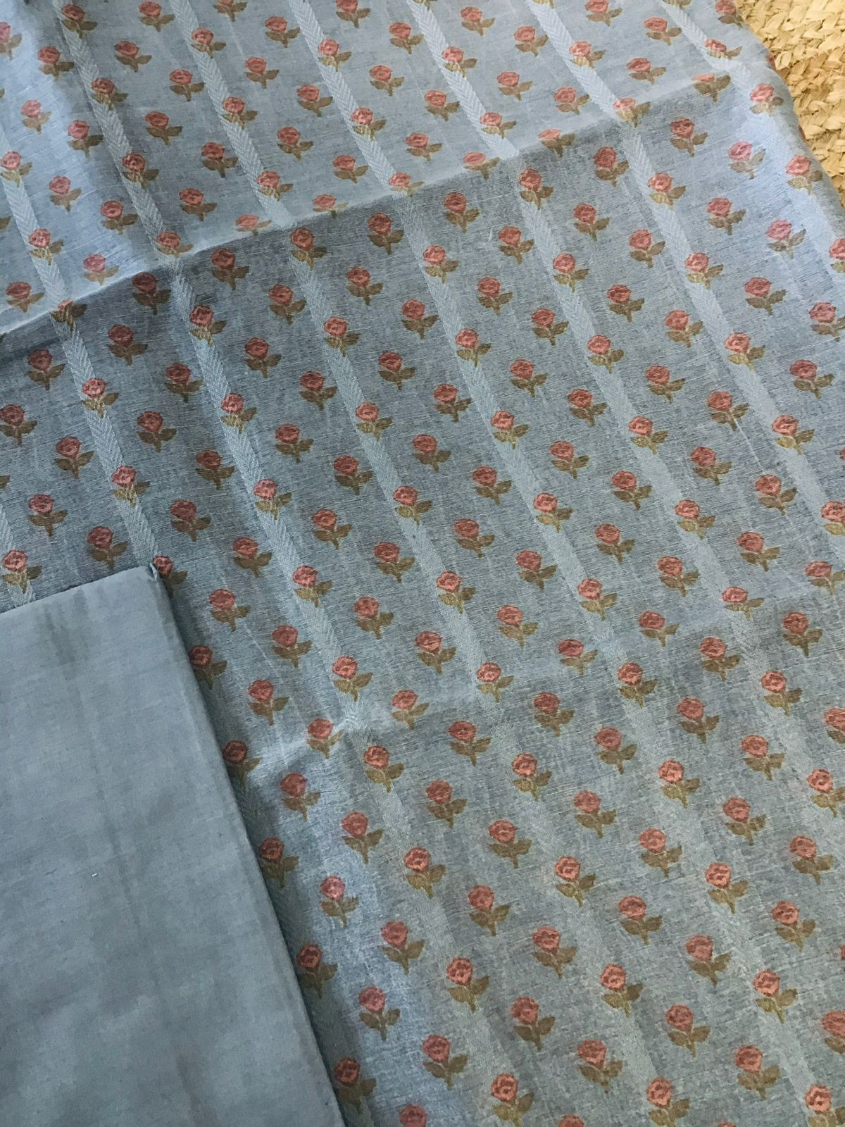 Pure Tussar Silk Printed Self Weaved Suit - Grey