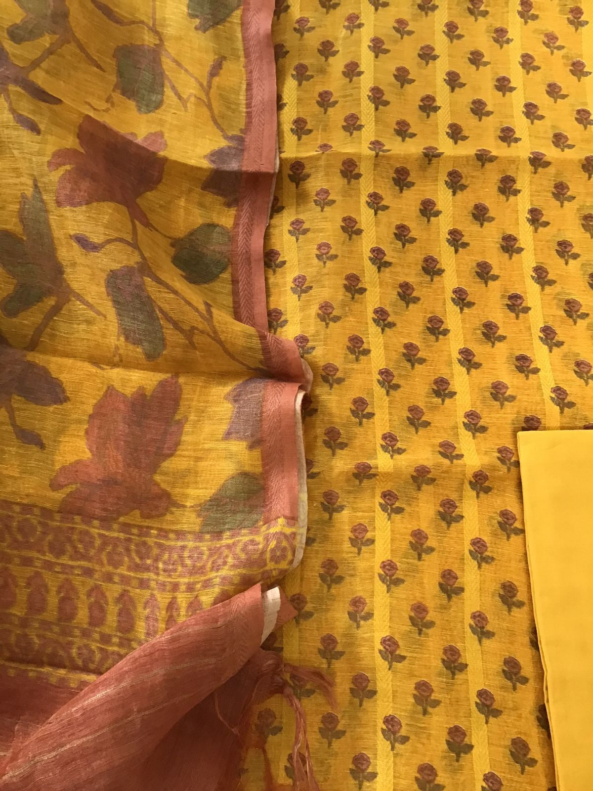 Pure Tussar Silk Printed Self Weaved Suit - Yellow