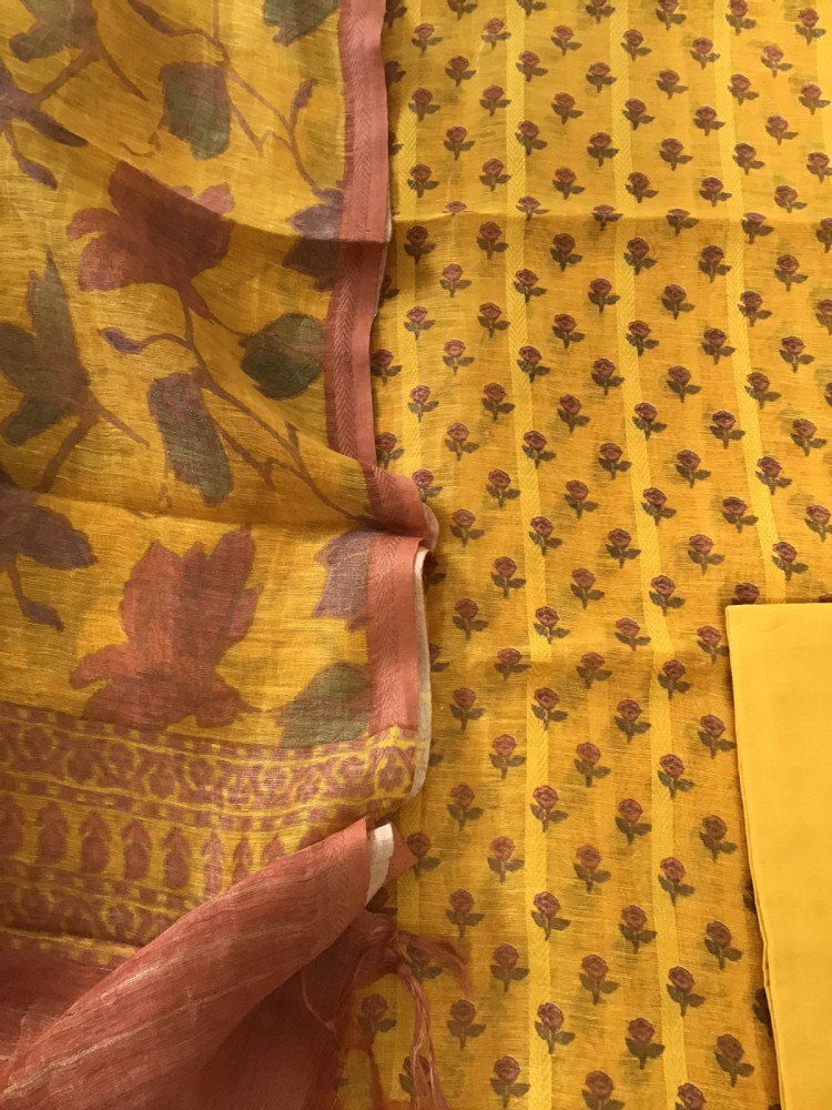 Image of Pure Tussar Silk Printed Self Weaved Suit - Yellow
