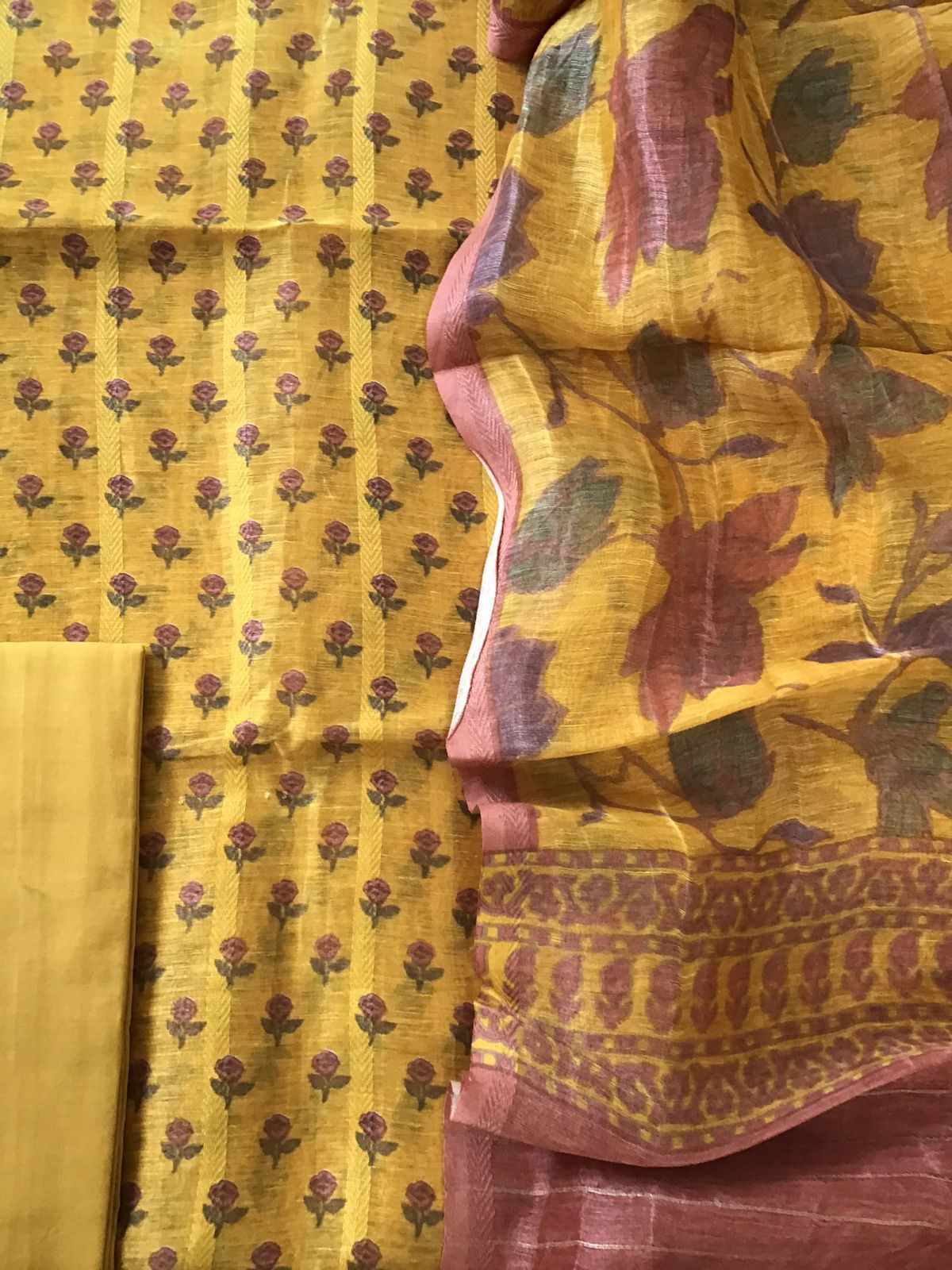 Pure Tussar Silk Printed Self Weaved Suit - Yellow