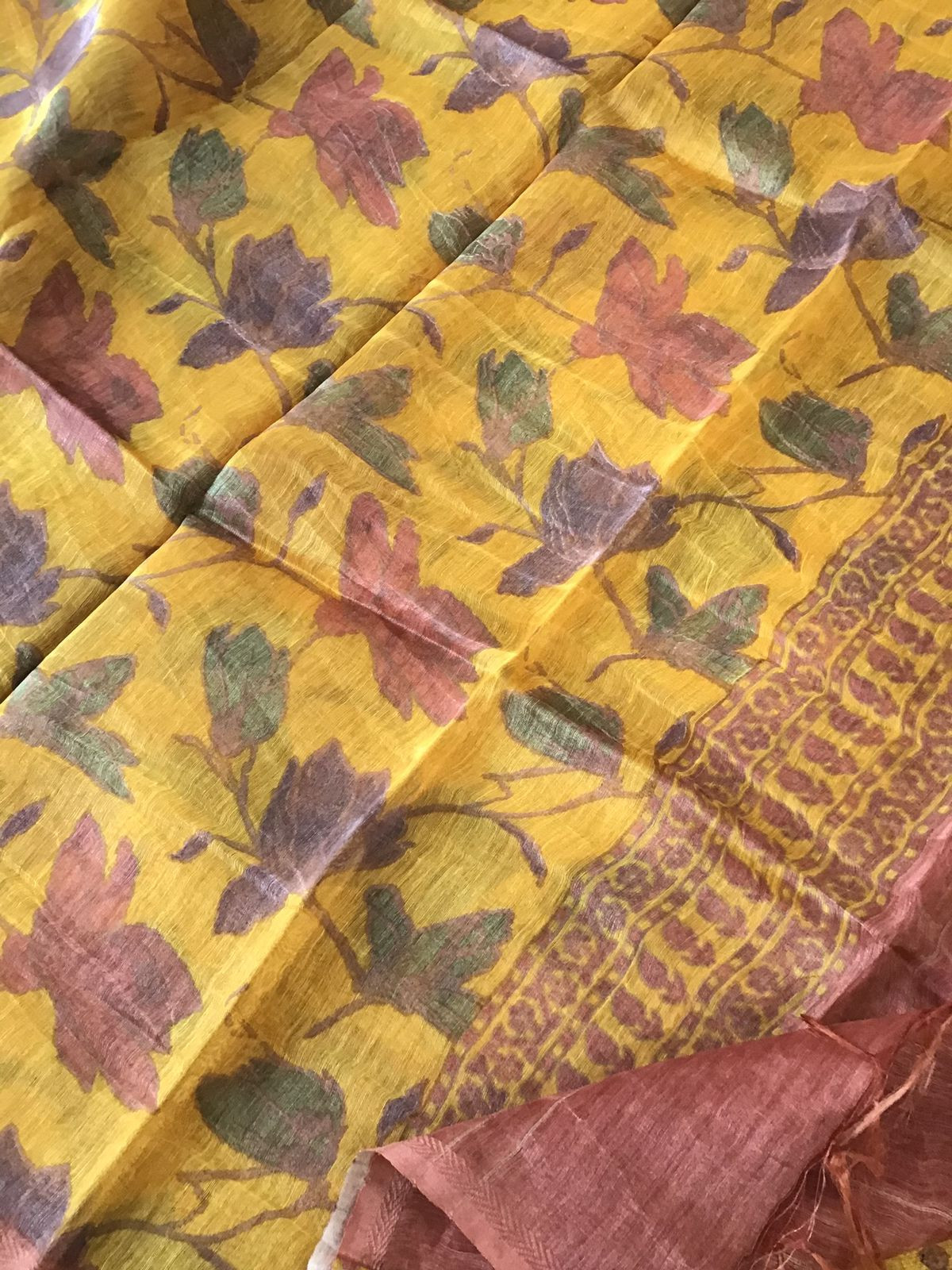 Pure Tussar Silk Printed Self Weaved Suit - Yellow
