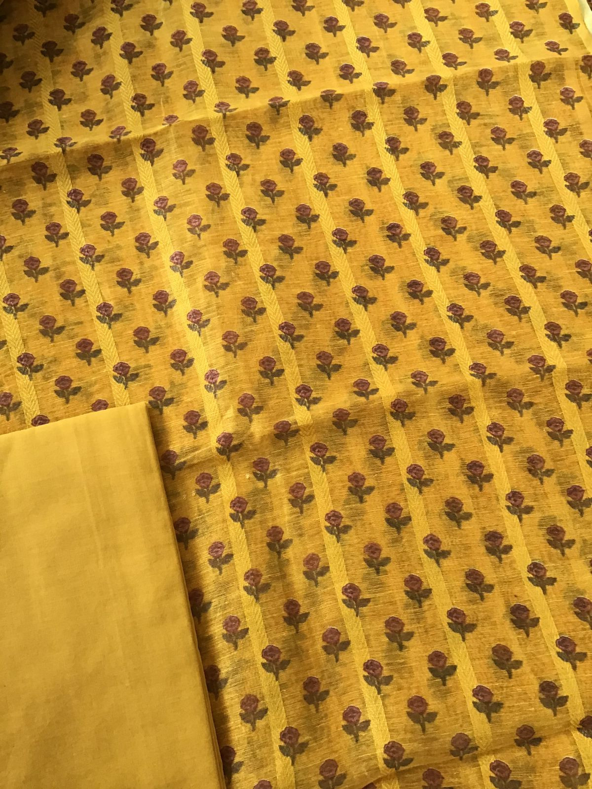 Pure Tussar Silk Printed Self Weaved Suit - Yellow
