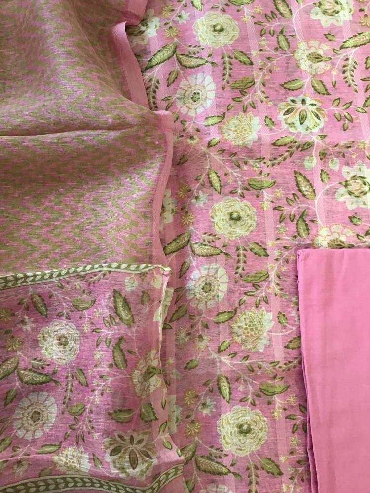 Image of Pure Tussar Silk Printed Self Weaved Suit - Pink