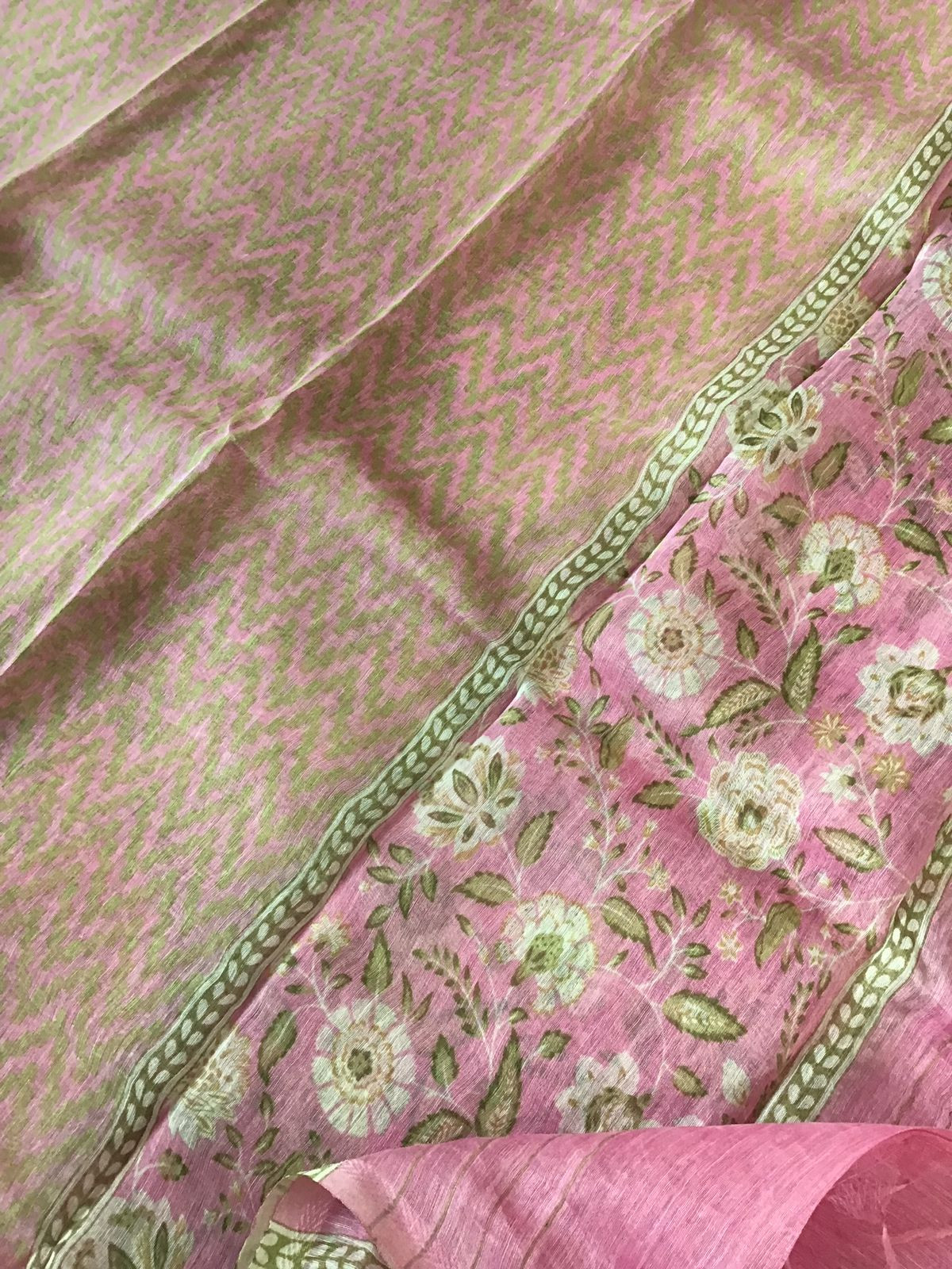 Pure Tussar Silk Printed Self Weaved Suit - Pink