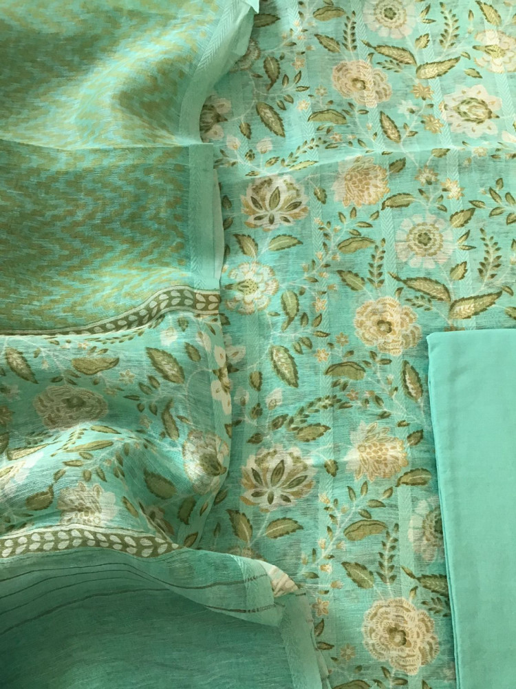 Image of Pure Tussar Silk Printed Self Weaved Suit - Green
