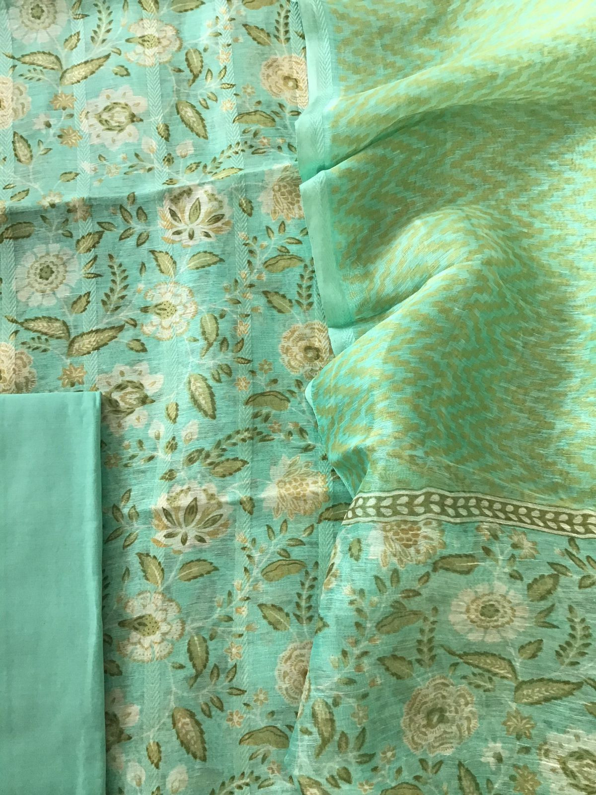 Pure Tussar Silk Printed Self Weaved Suit - Green