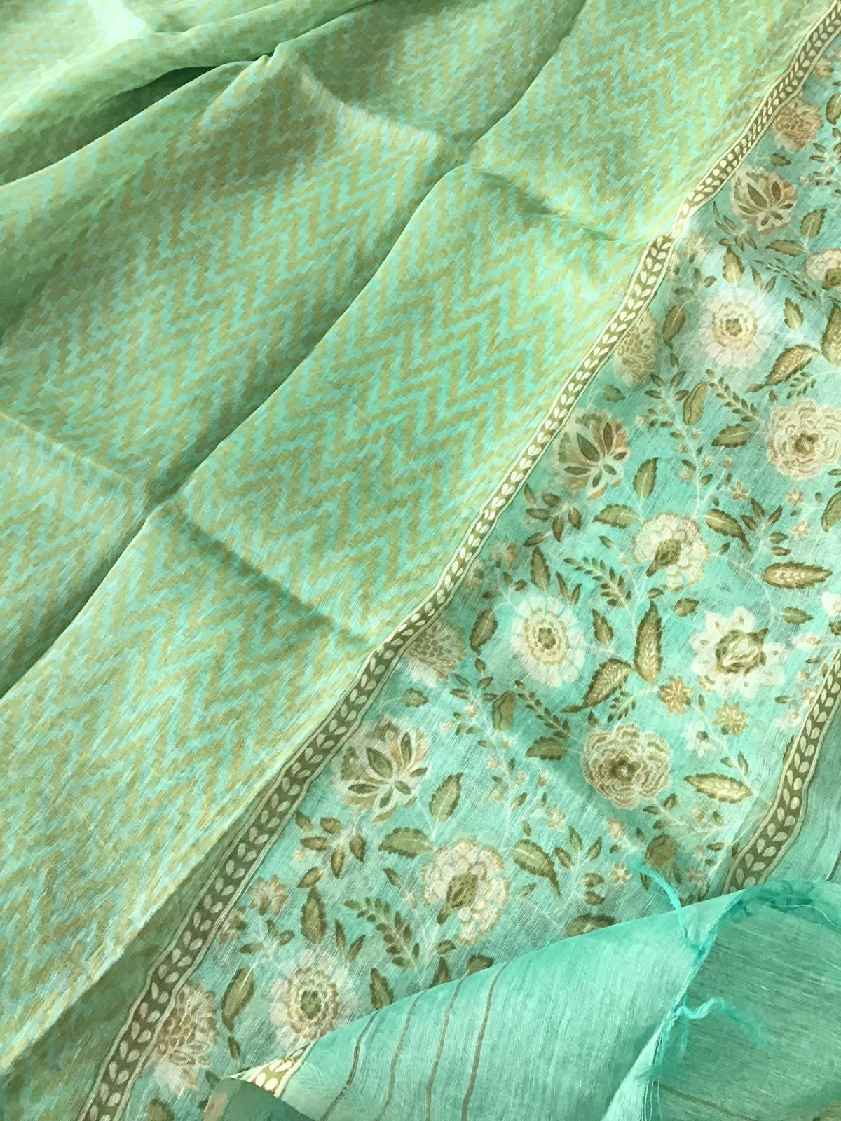 Pure Tussar Silk Printed Self Weaved Suit - Green