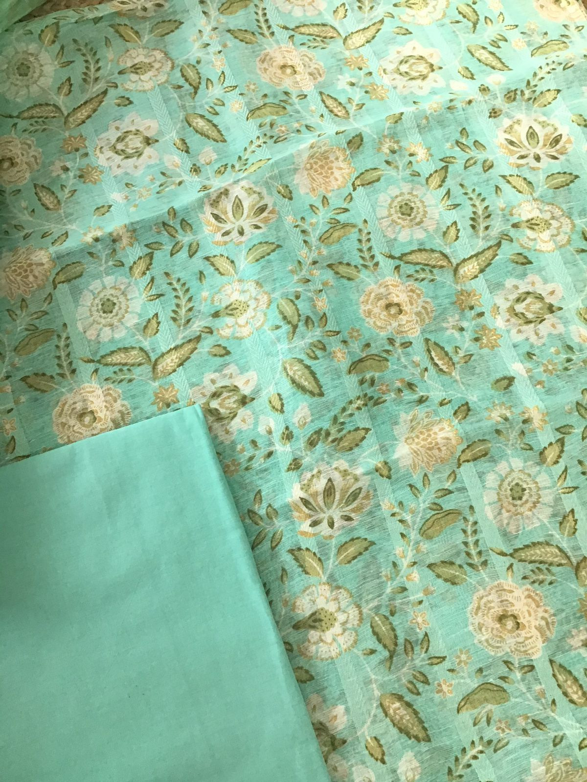 Pure Tussar Silk Printed Self Weaved Suit - Green