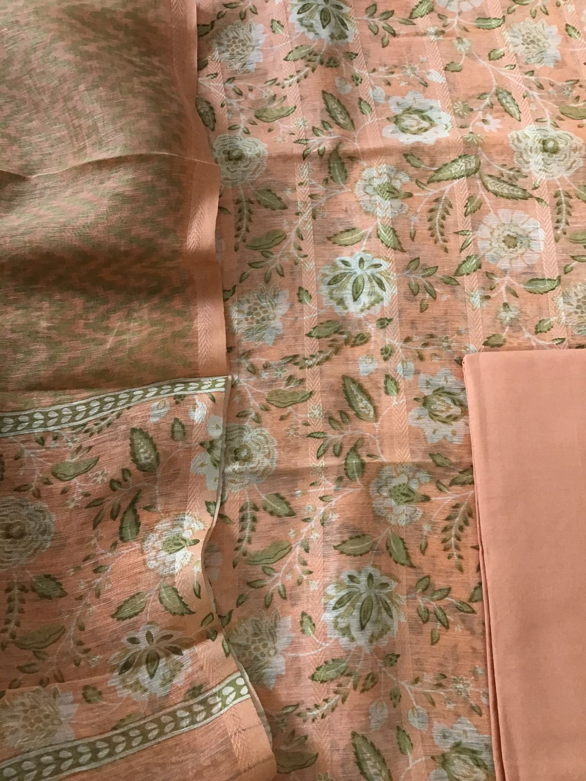 Pure Tussar Silk Printed Self Weaved Suit - Peach