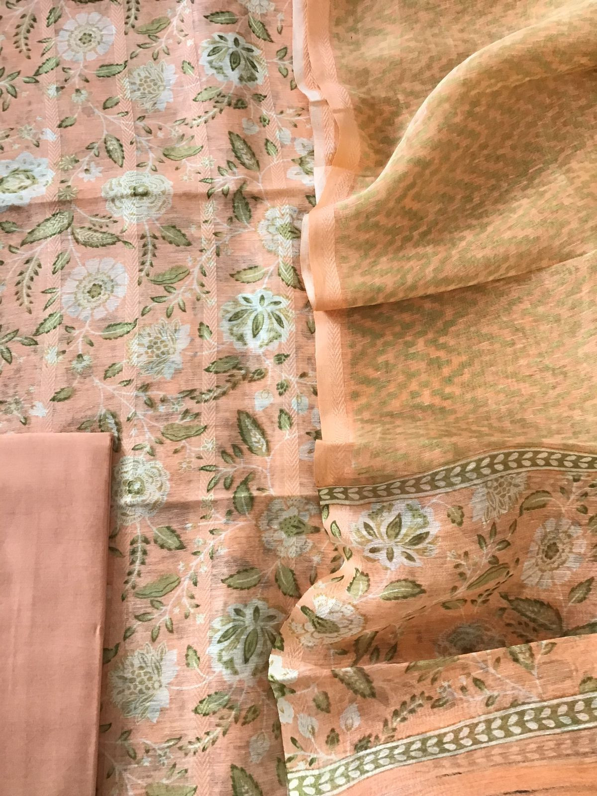 Pure Tussar Silk Printed Self Weaved Suit - Peach