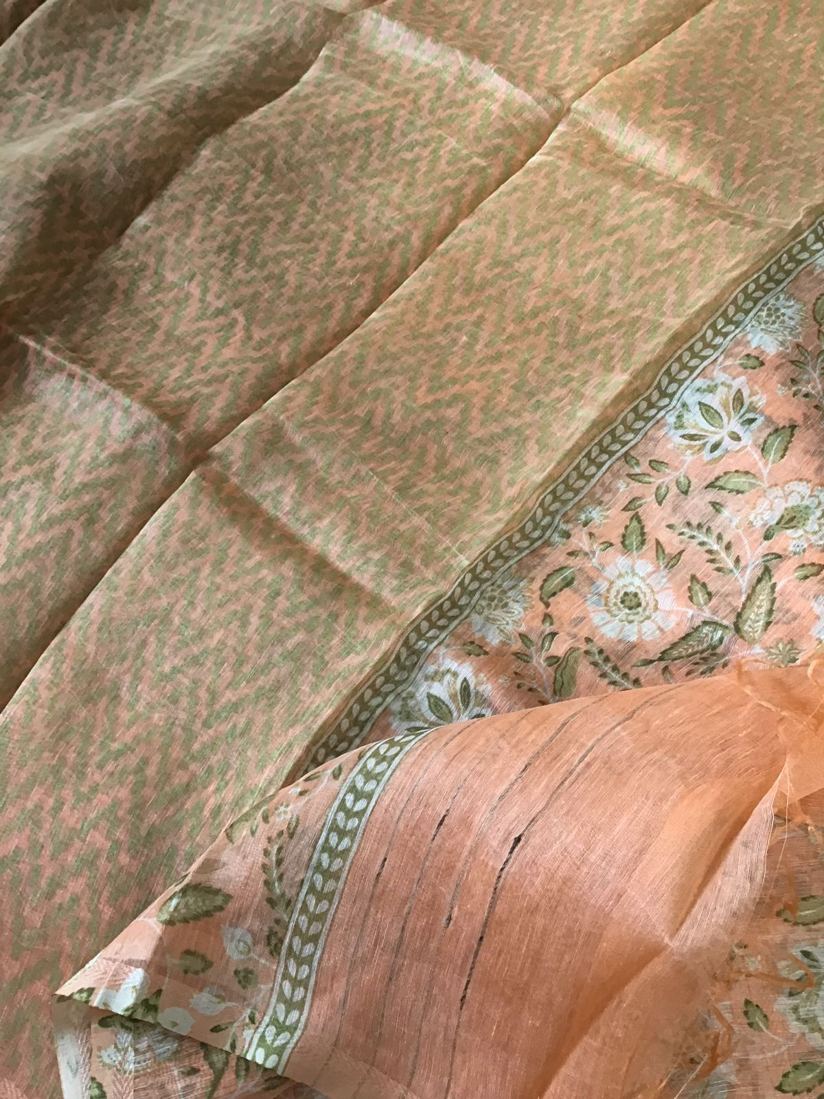 Pure Tussar Silk Printed Self Weaved Suit - Peach