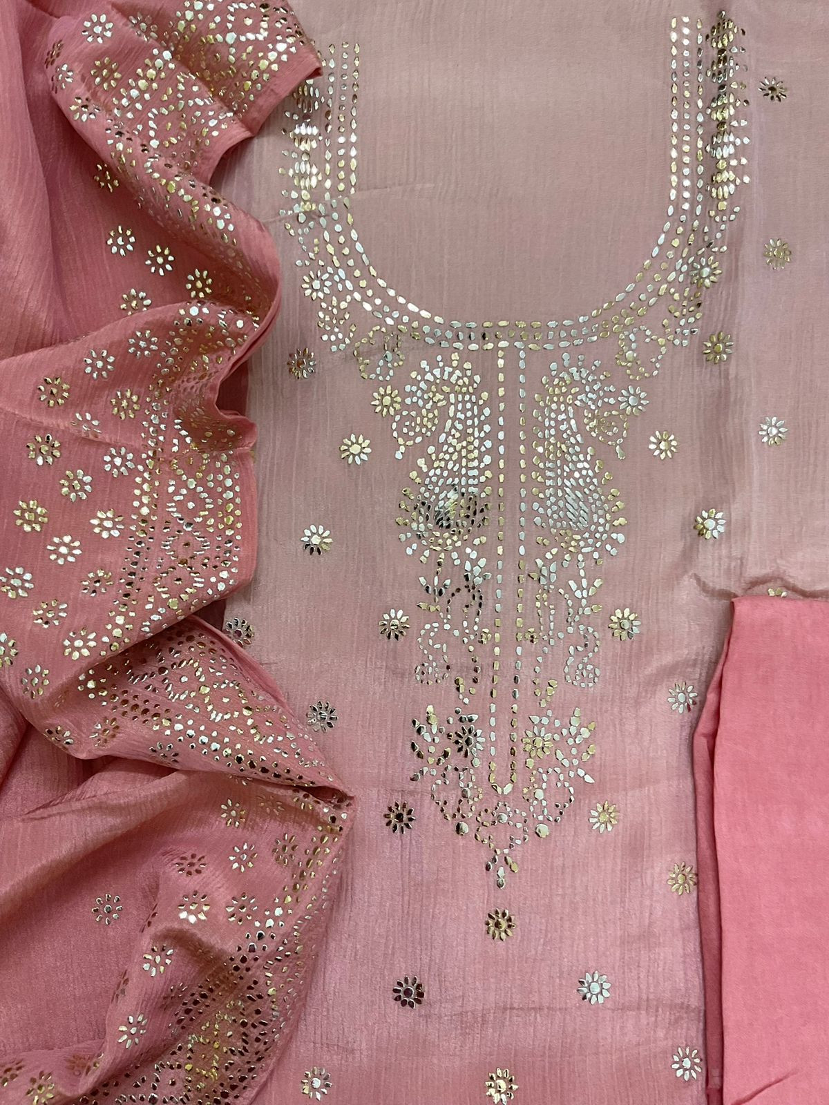 Pure Crushed Shimmer Silk Shaded Embroidered Suit - Pink