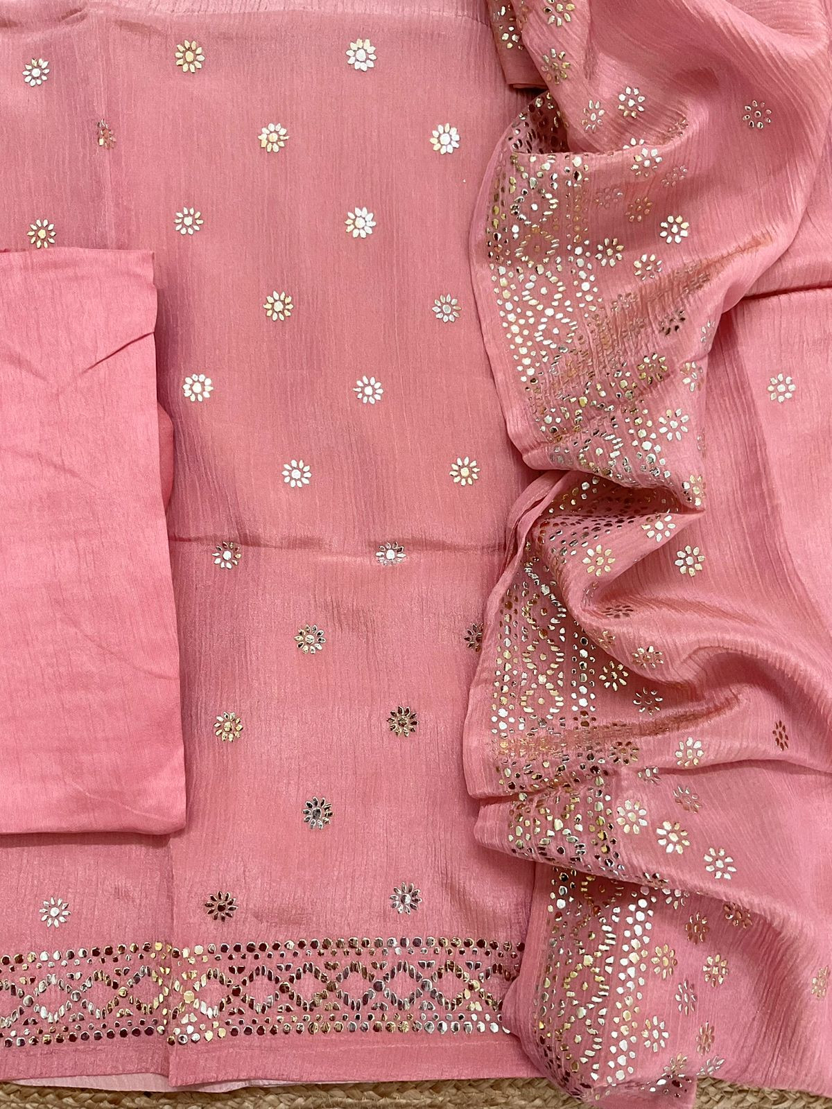 Pure Crushed Shimmer Silk Shaded Embroidered Suit - Pink