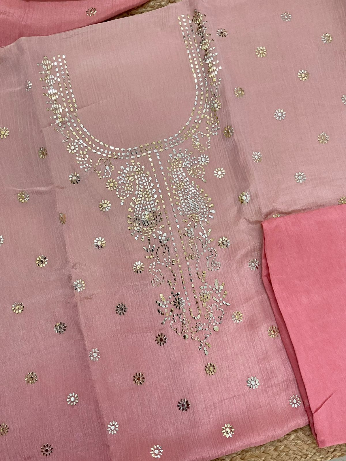 Pure Crushed Shimmer Silk Shaded Embroidered Suit - Pink
