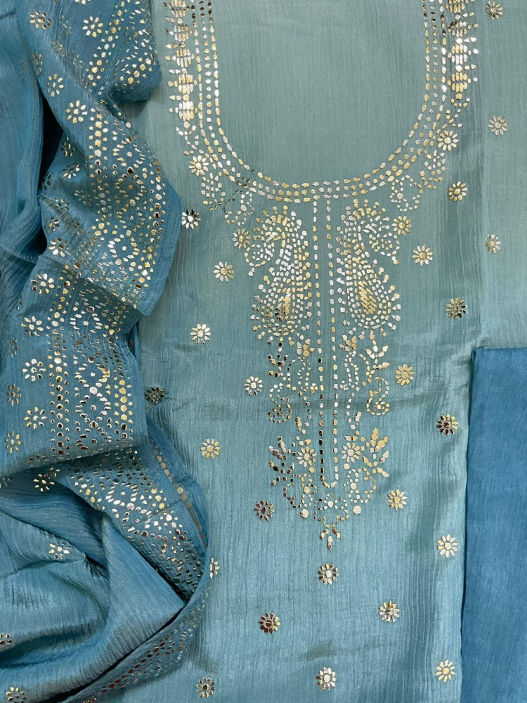 Image of Pure Crushed Shimmer Silk Shaded Embroidered Suit - Blue