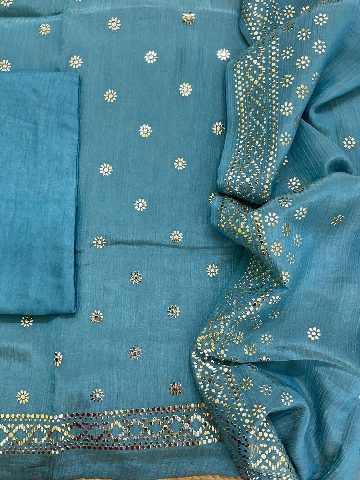 Pure Crushed Shimmer Silk Shaded Embroidered Suit - Blue