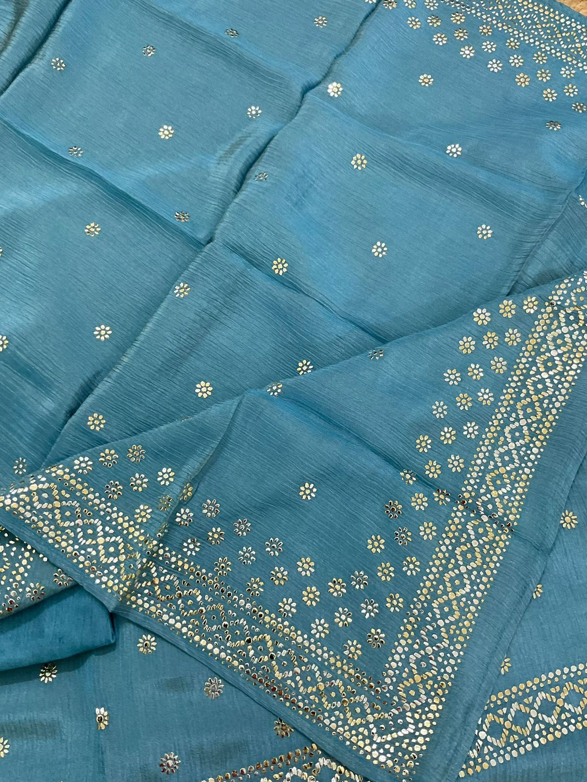 Pure Crushed Shimmer Silk Shaded Embroidered Suit - Blue