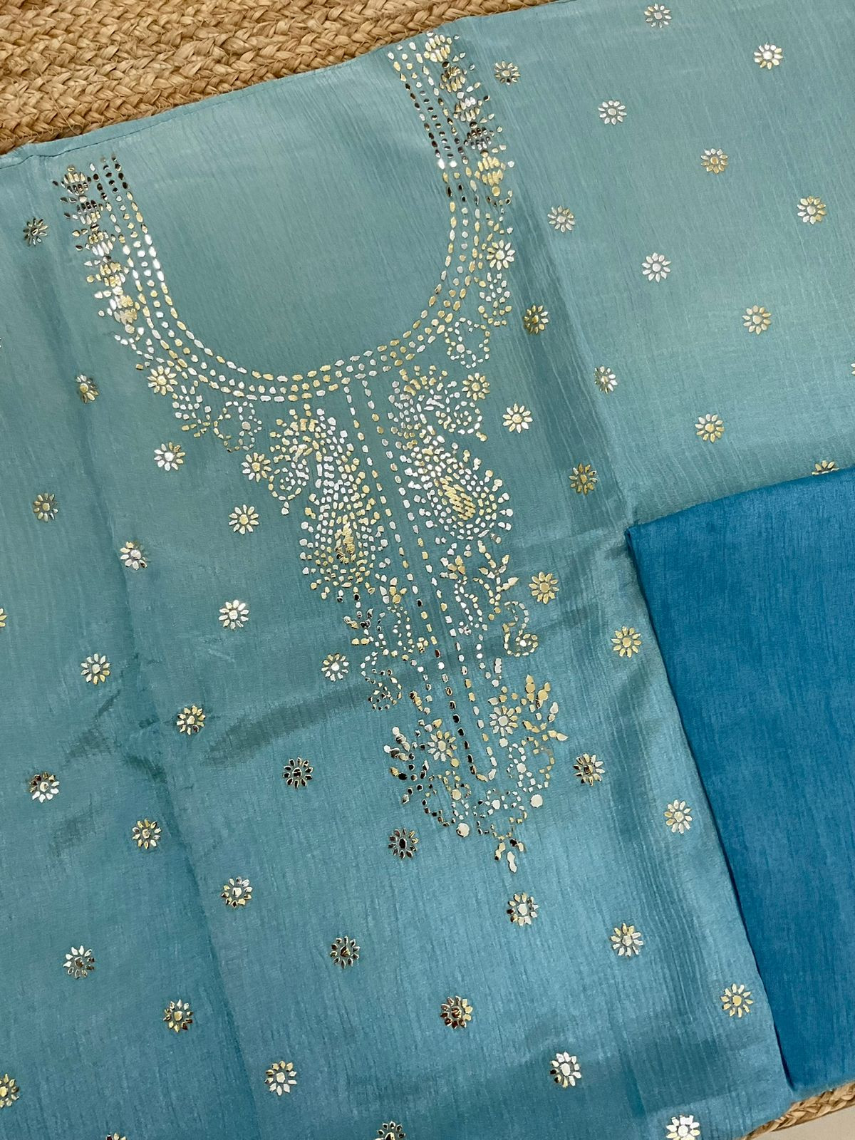 Pure Crushed Shimmer Silk Shaded Embroidered Suit - Blue