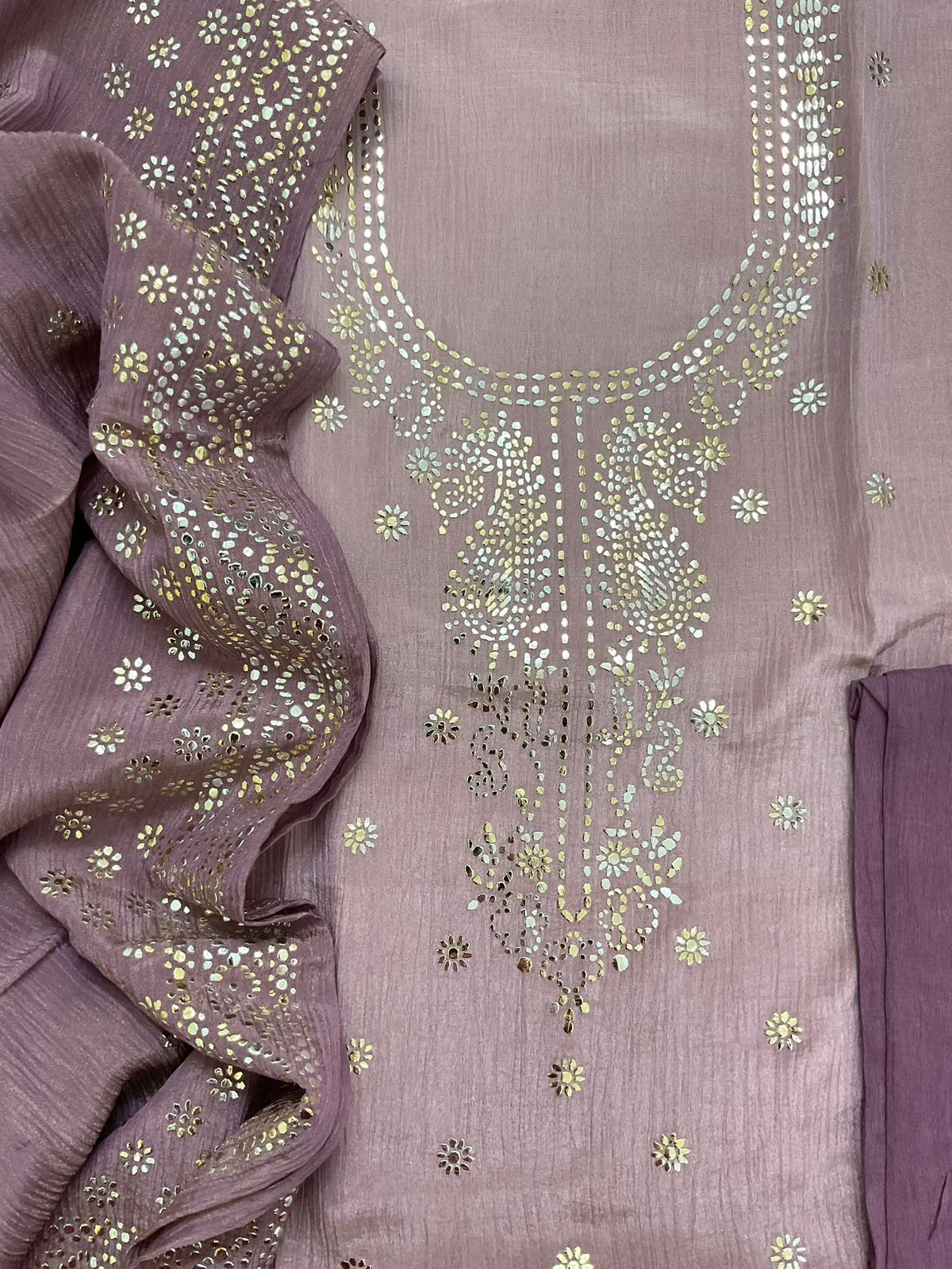 Pure Crushed Shimmer Silk Shaded Embroidered Suit - Mauve