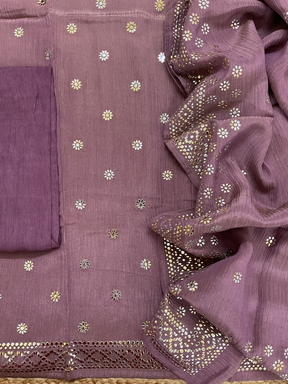 Pure Crushed Shimmer Silk Shaded Embroidered Suit - Mauve