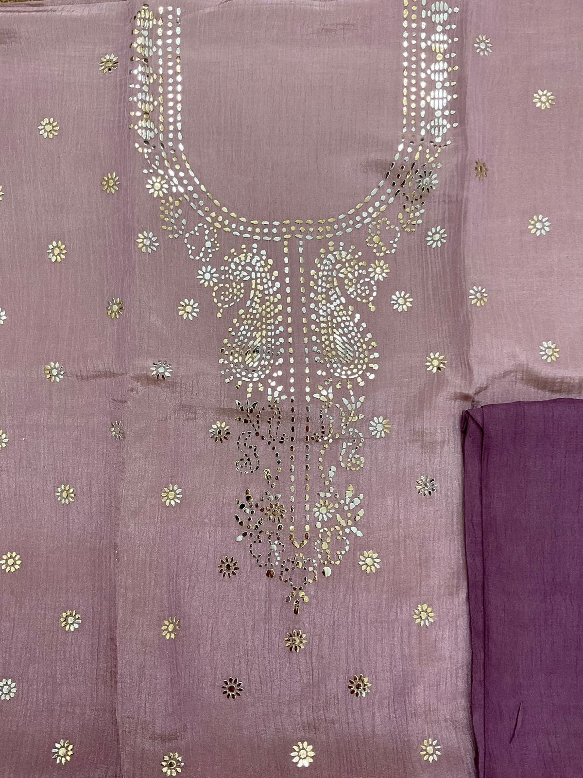 Pure Crushed Shimmer Silk Shaded Embroidered Suit - Mauve
