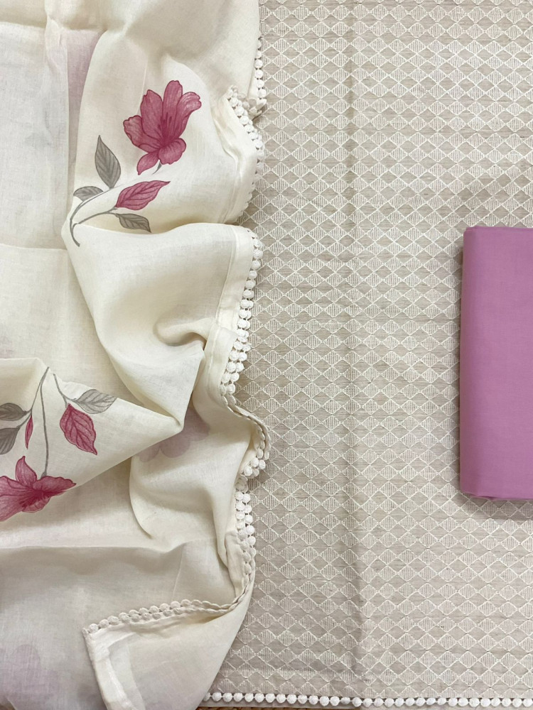 Image of Pure Slub Chanderi Brush Painted Embroidered Suit - Beige