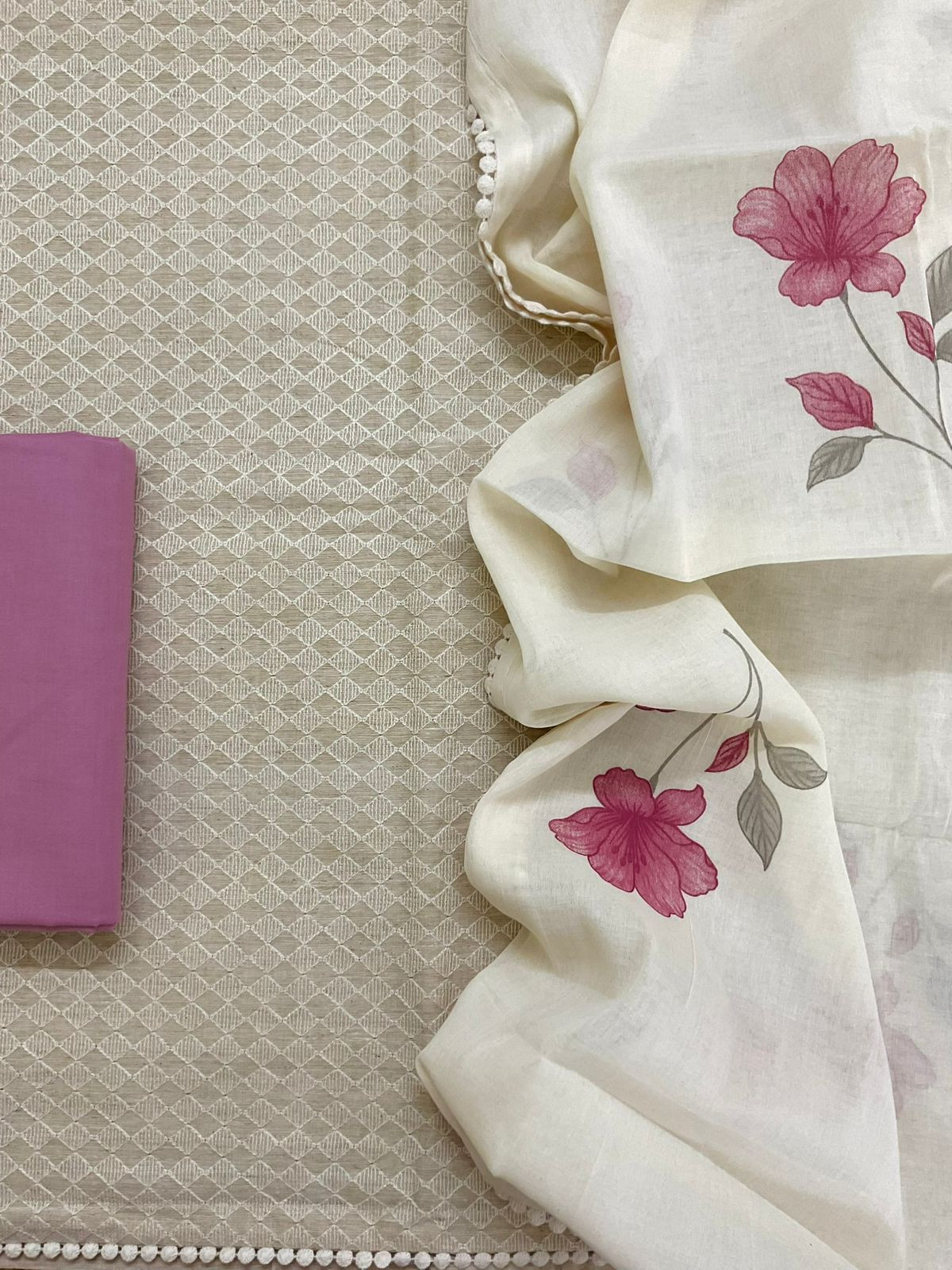 Pure Slub Chanderi Brush Painted Embroidered Suit - Beige