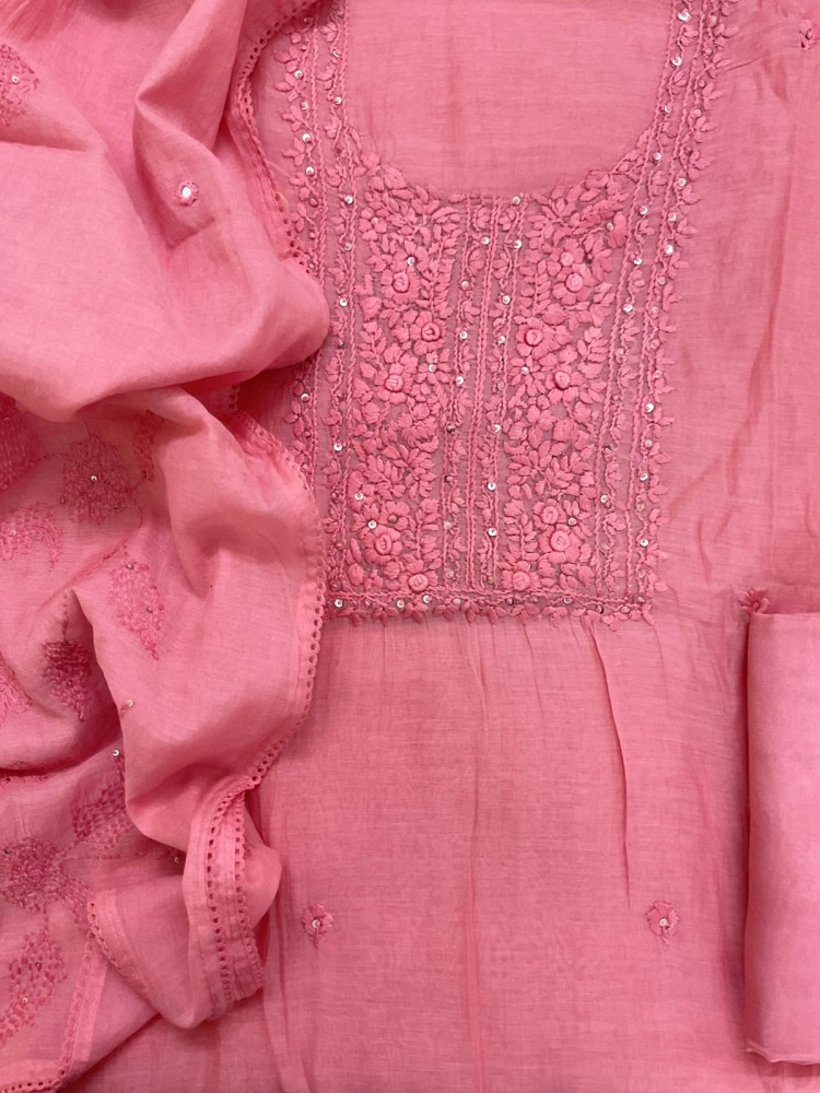 Image of Pure Mul Chanderi Embroidered Suit - Pink