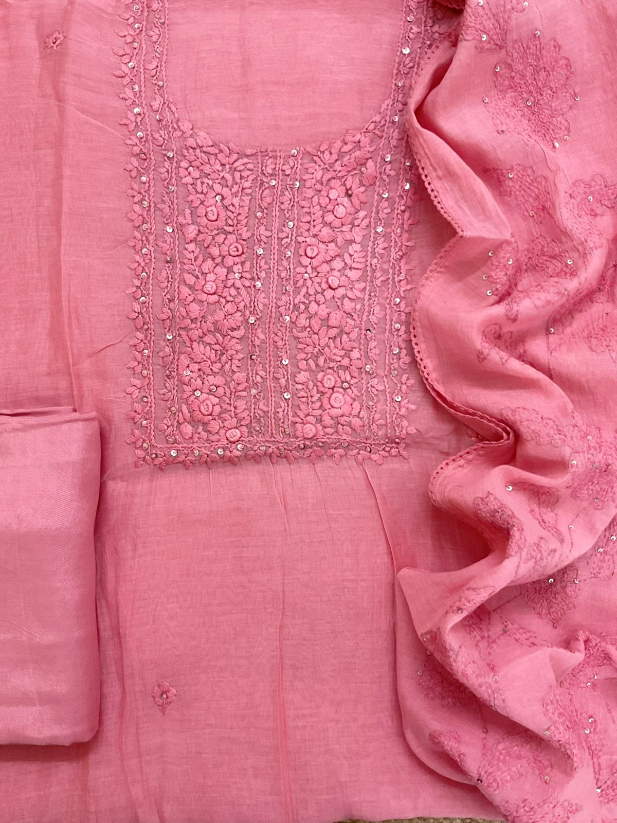 Pure Mul Chanderi Embroidered Suit - Pink