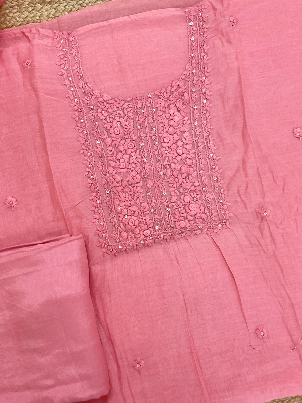 Pure Mul Chanderi Embroidered Suit - Pink