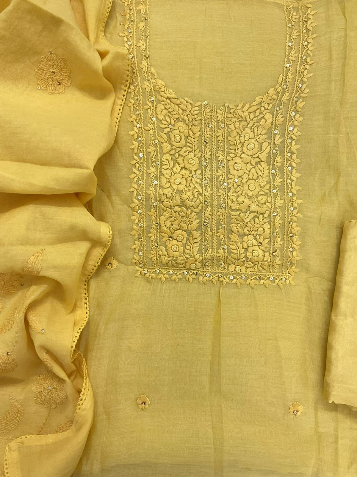 Pure Mul Chanderi Embroidered Suit - Yellow