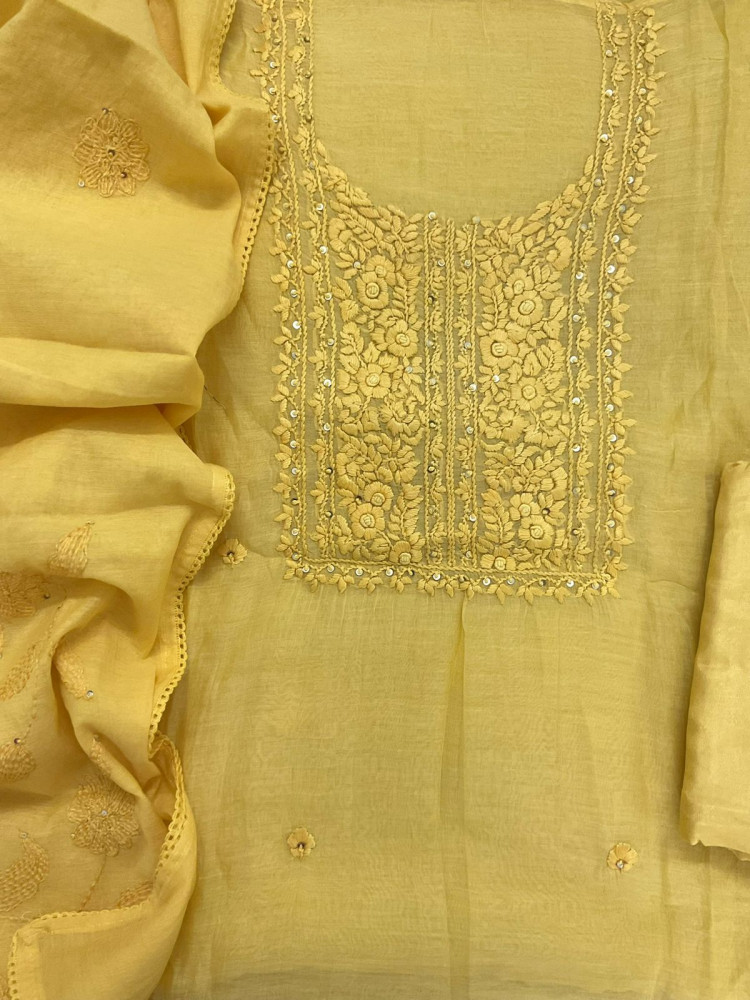 Image of Pure Mul Chanderi Embroidered Suit - Yellow