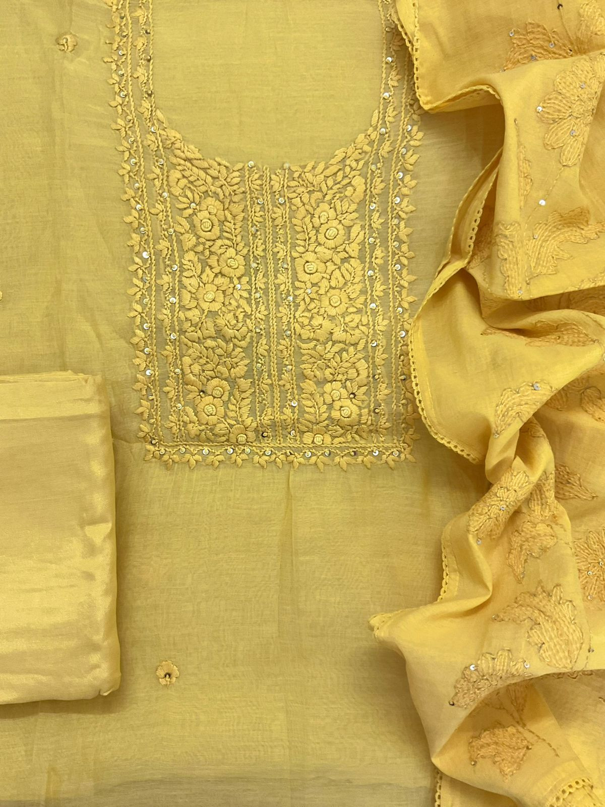 Pure Mul Chanderi Embroidered Suit - Yellow