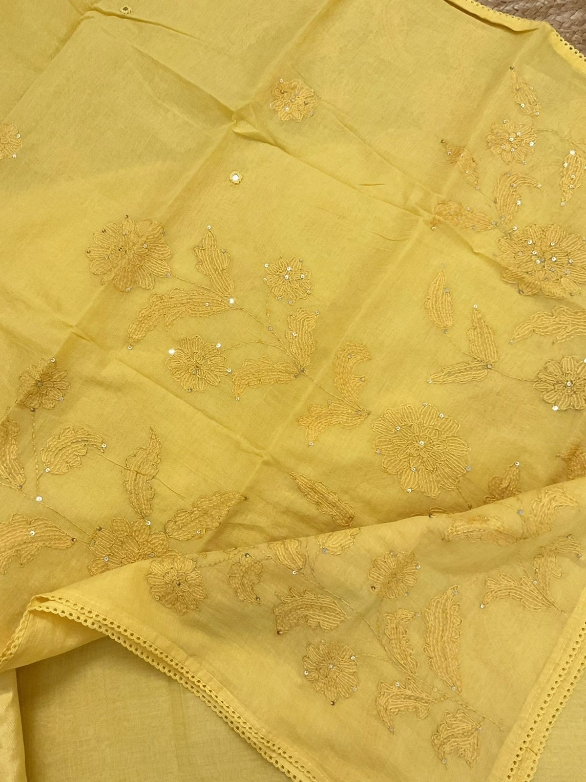 Pure Mul Chanderi Embroidered Suit - Yellow