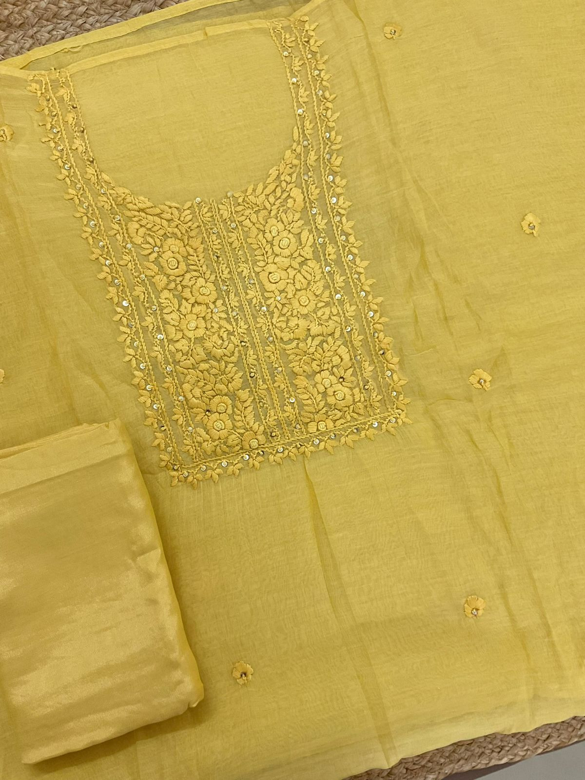 Pure Mul Chanderi Embroidered Suit - Yellow