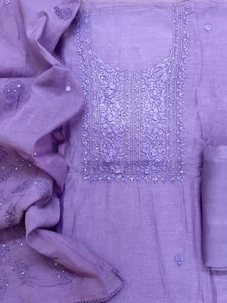 Image of Pure Mul Chanderi Embroidered Suit - Lavender