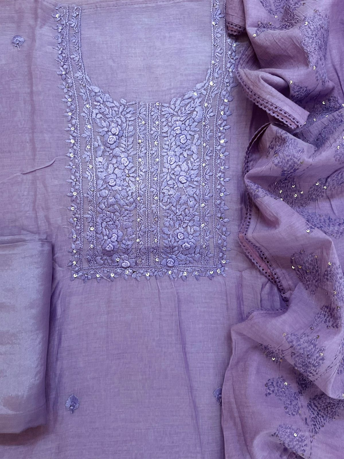 Pure Mul Chanderi Embroidered Suit - Lavender