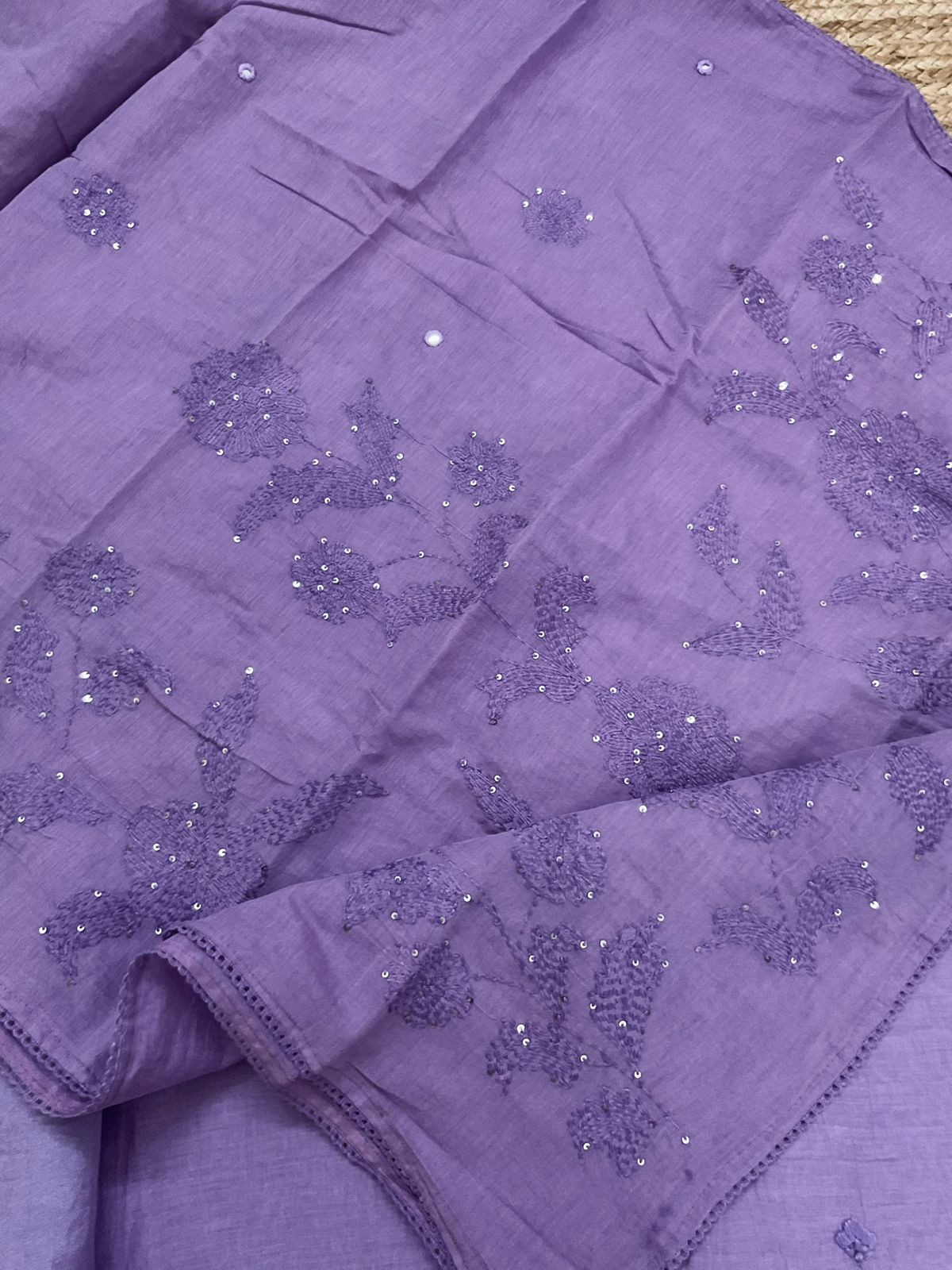 Pure Mul Chanderi Embroidered Suit - Lavender