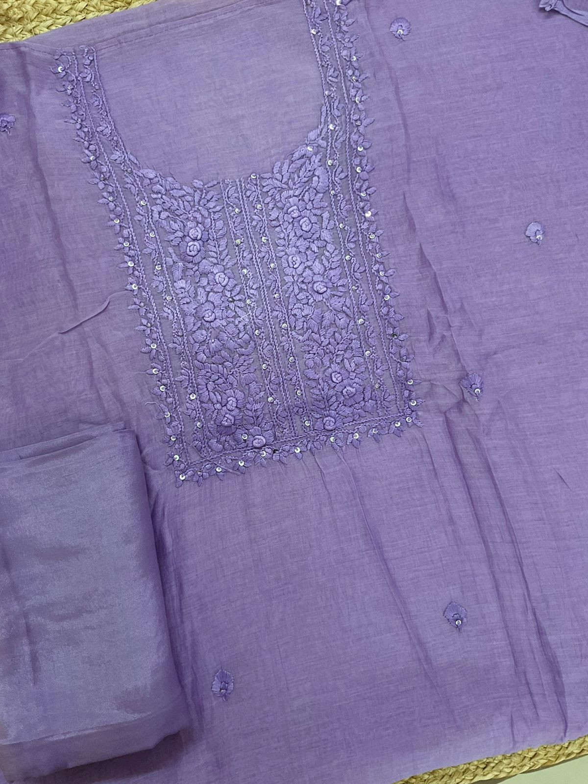 Pure Mul Chanderi Embroidered Suit - Lavender