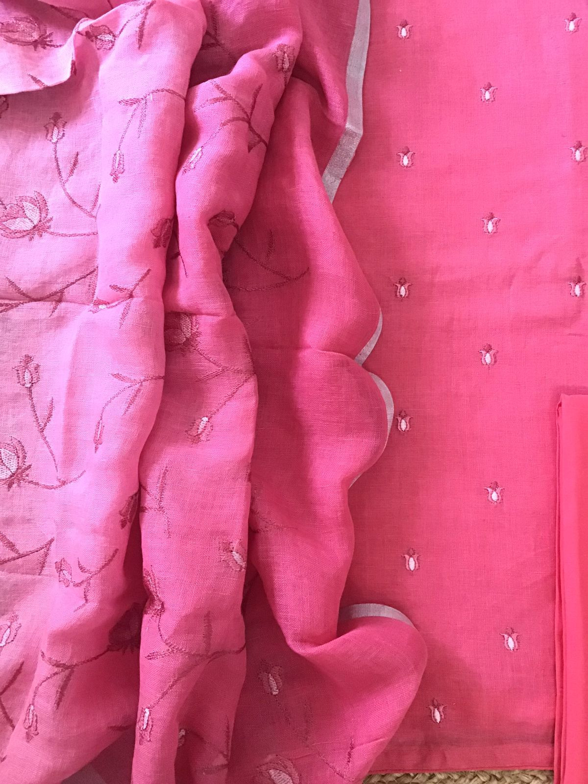 Pure Linen Jute Cotton Shaded Embroidered Suit - Pink